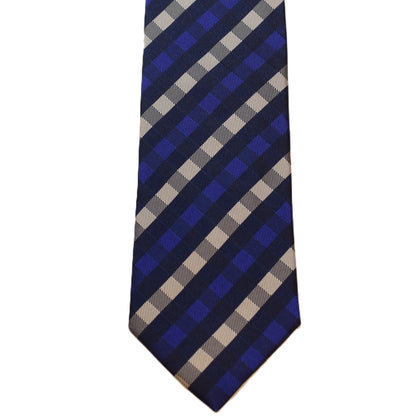 Blue and tan stripe plaid necktie
