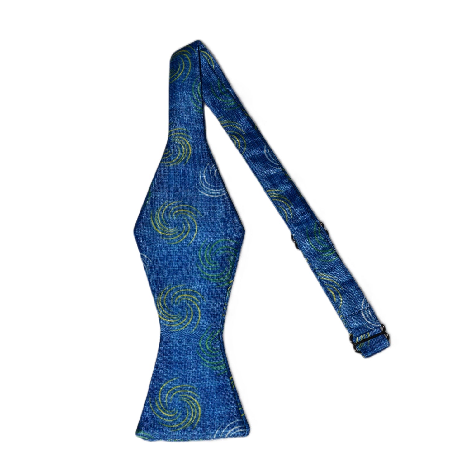 Blue bowtie with yellow swirls