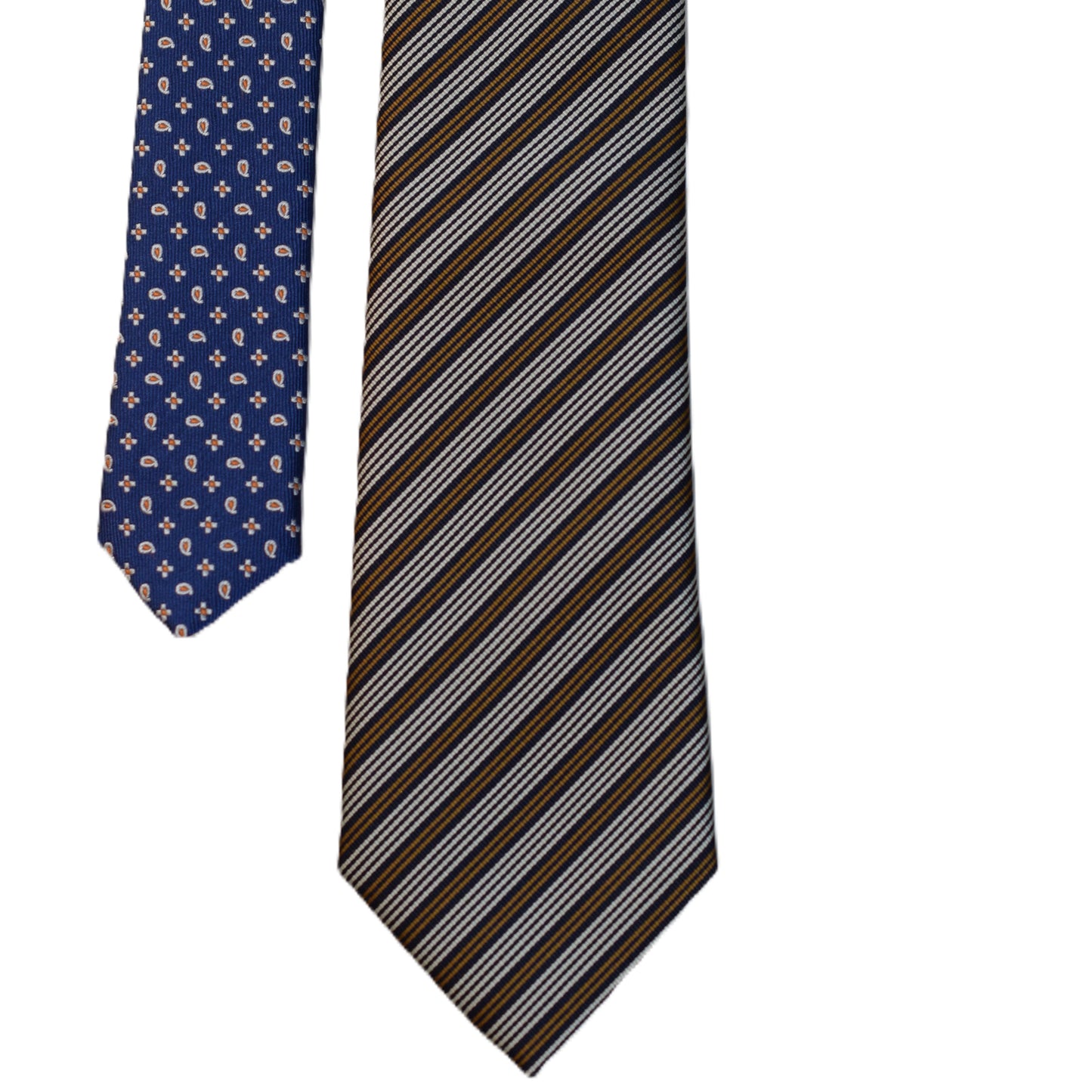 Brown with yellow/blue squares and Burnt orange with blue stripes