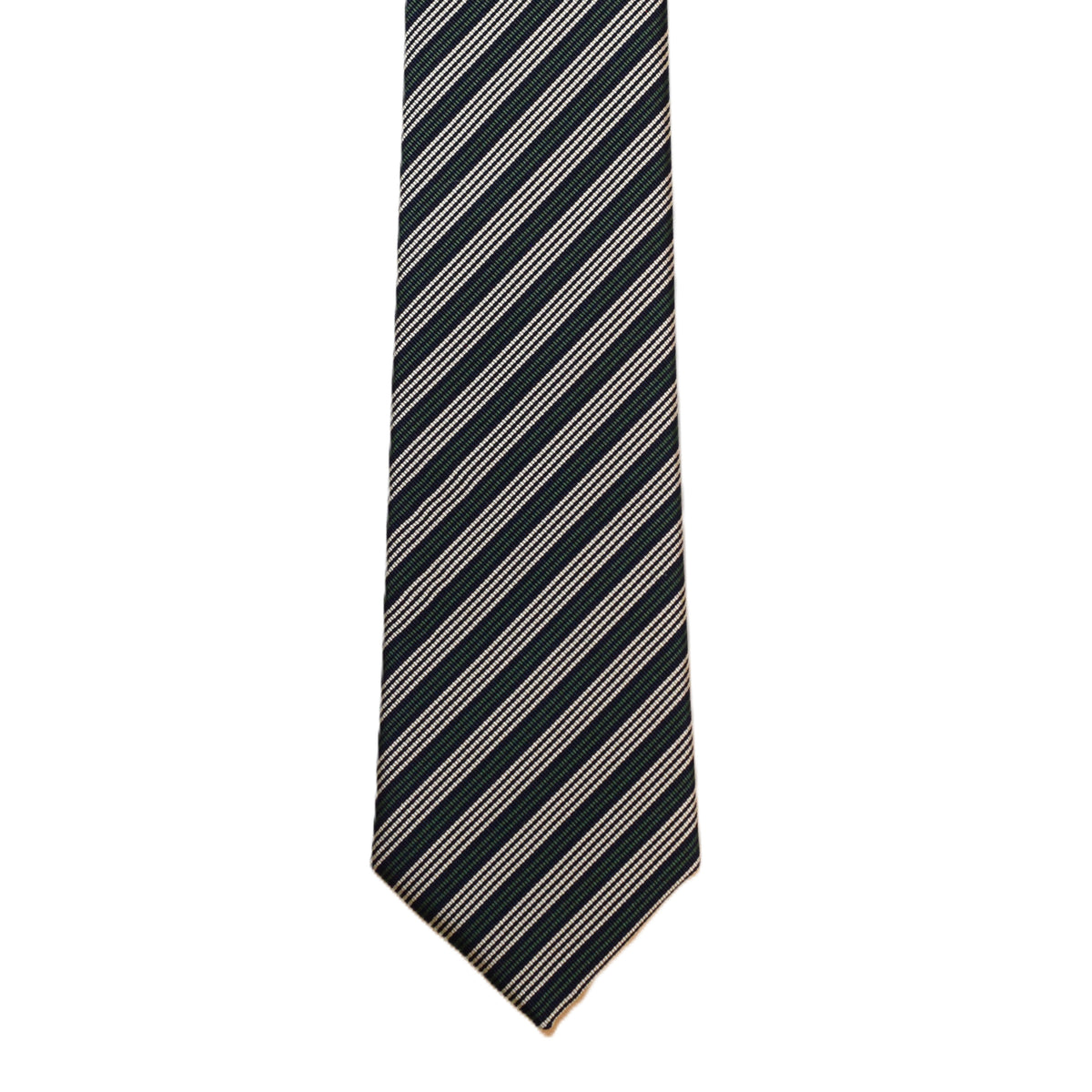 Blue necktie with tan and green stripes