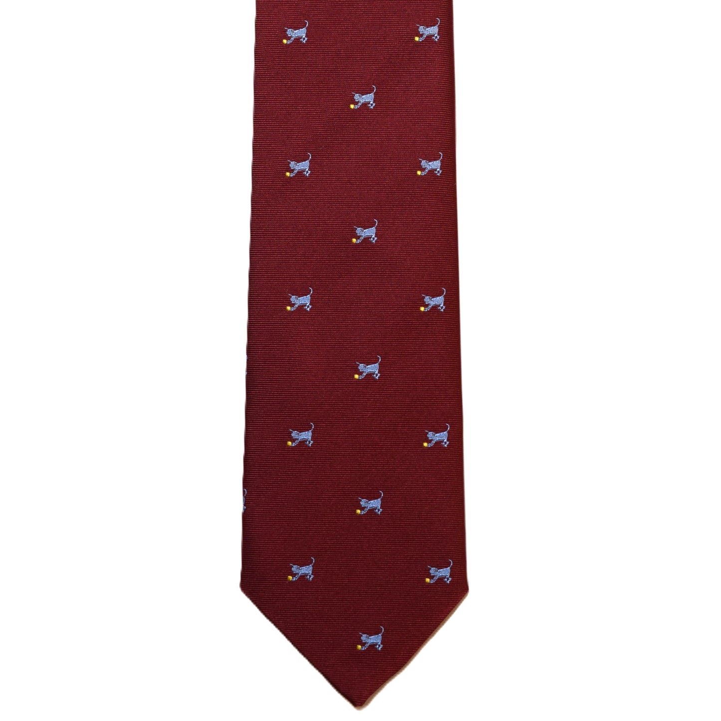 Burgundy necktie with light blue cats
