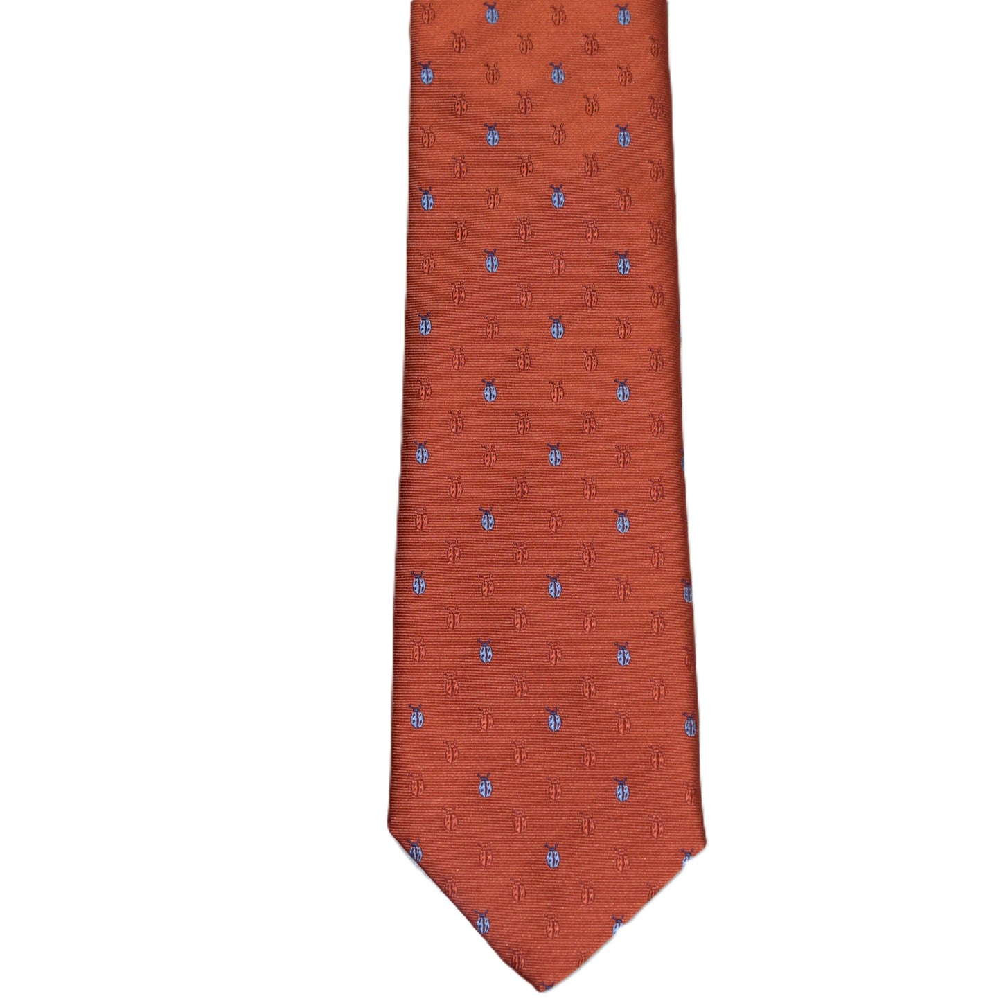 Burnt orange necktie with light blue lady bugs