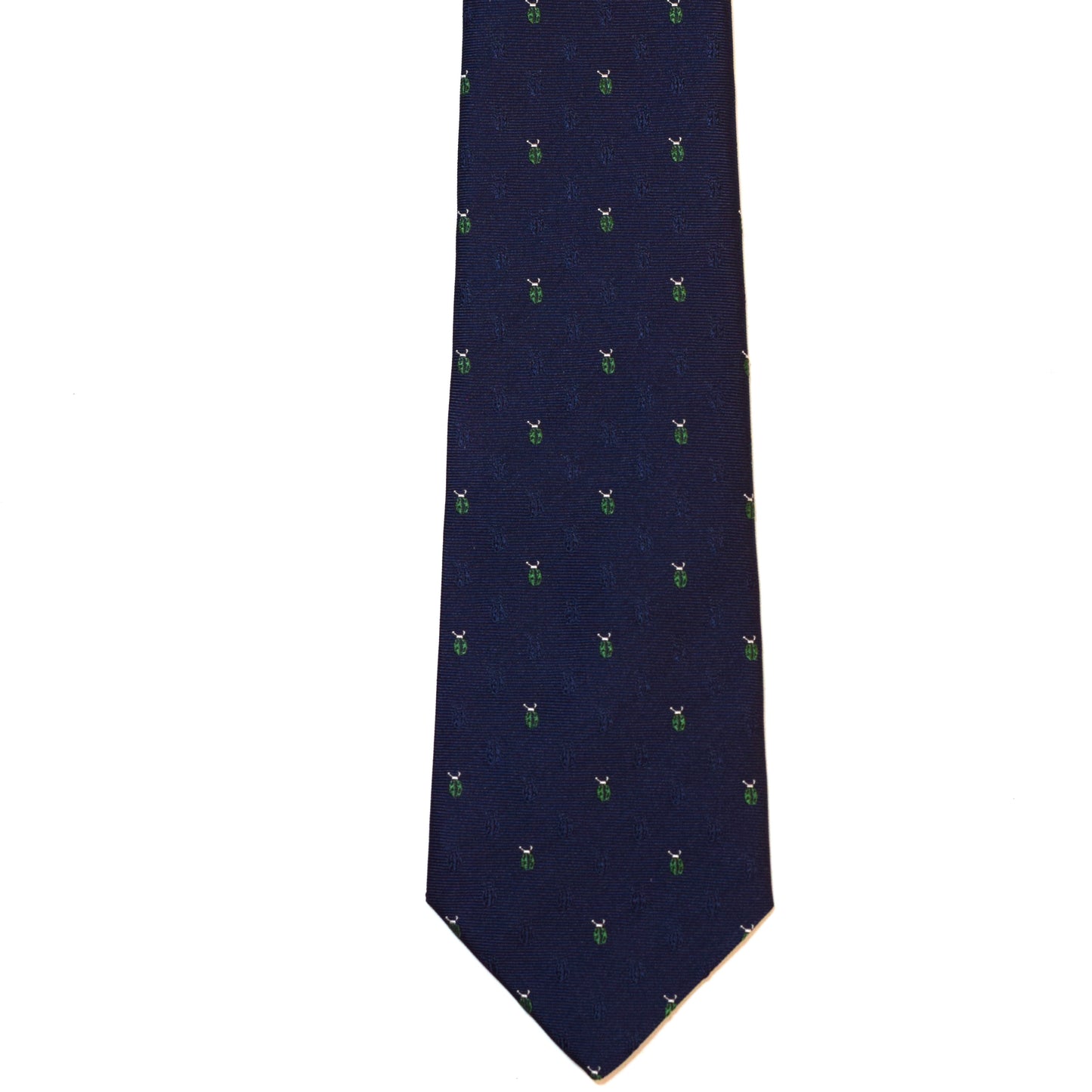 Dark blue necktie with green ladybugs