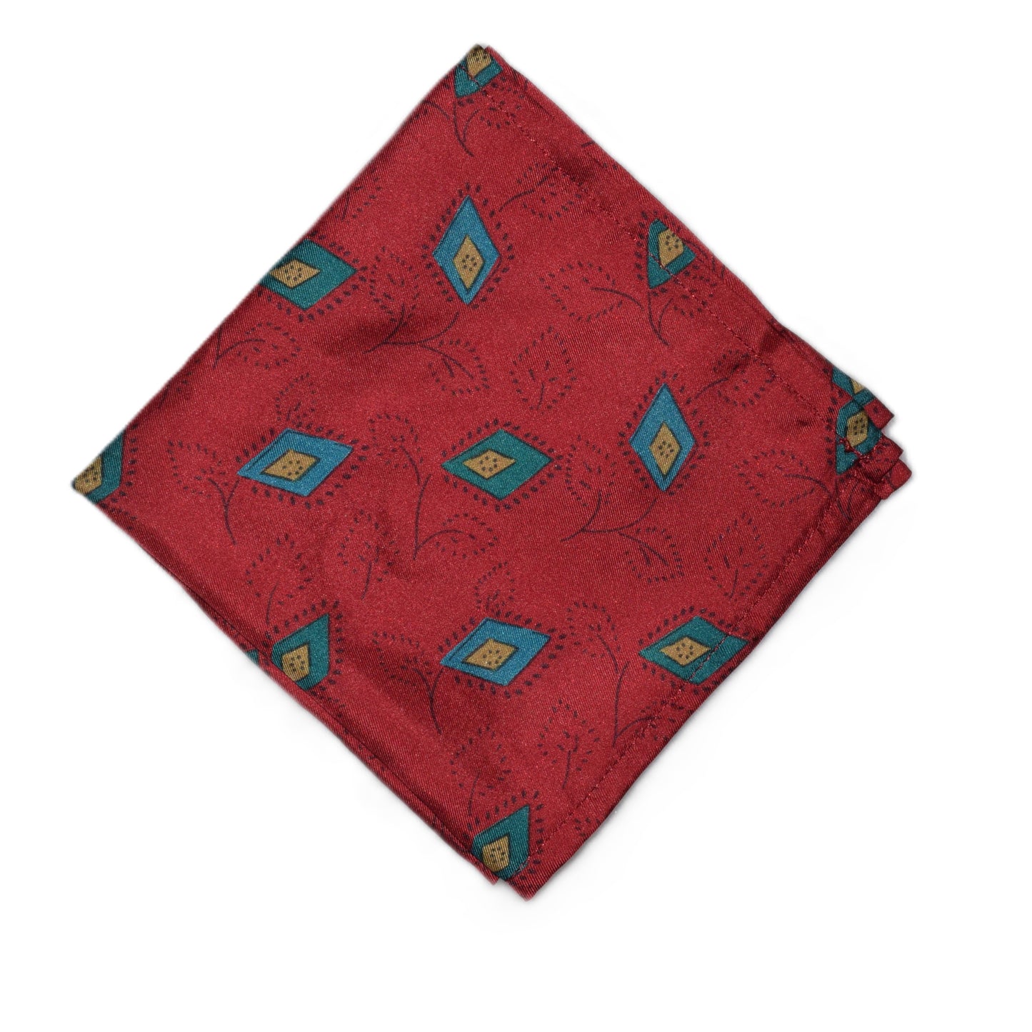 Dark red pocket square with blue green diamond flowers