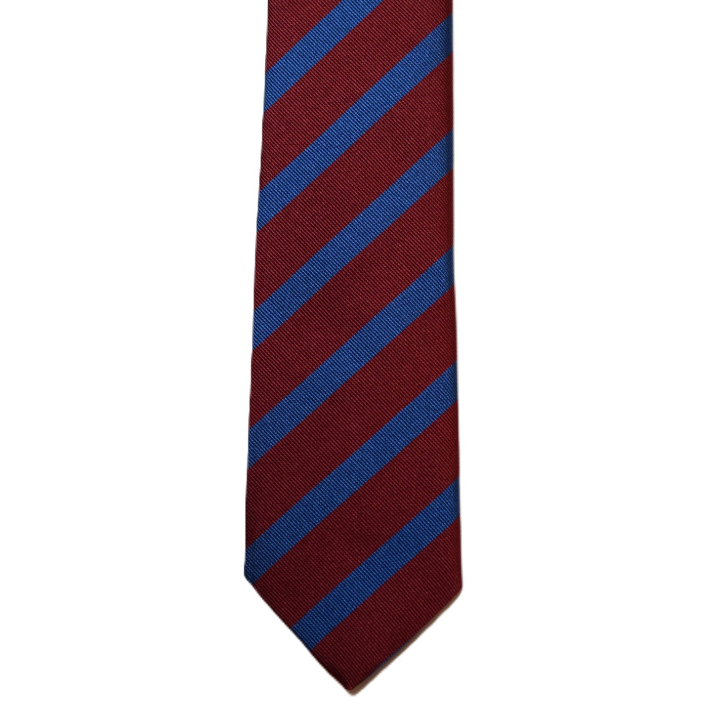 Dark red neck tie with royal blue stripes