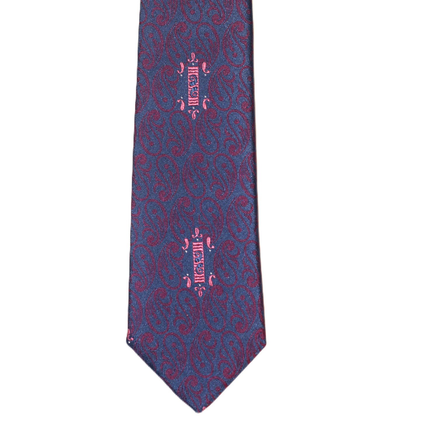 Navy necktie with red paisley/center design (narrow)