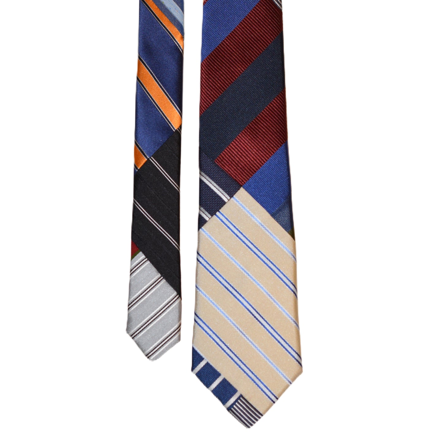 Patchwork necktie tan with white blue stripes