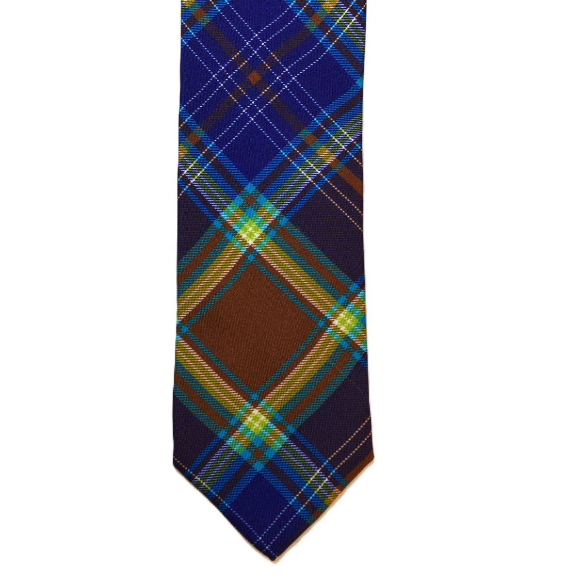 Purple blue and rust plaid necktie
