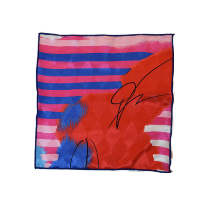 Red pocket square with pink and blue horizontal stripes