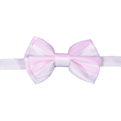 White bowtie with pink/tan stripes