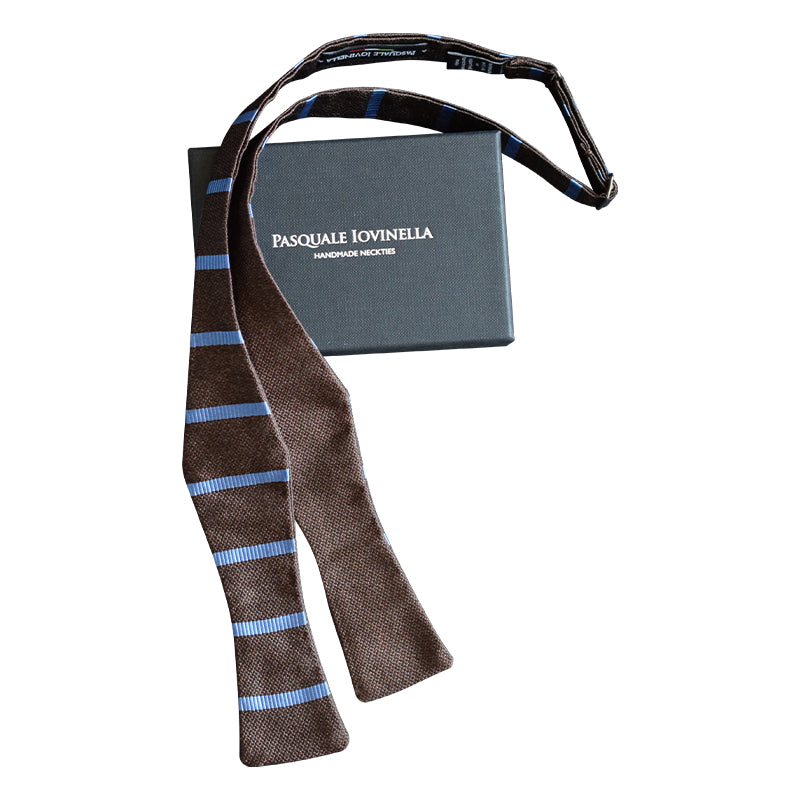 Solid brown and brown with blue stripes handmade self-tie bowtie