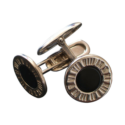 Round sterling silver with Onyx center and Roman numerals cufflink