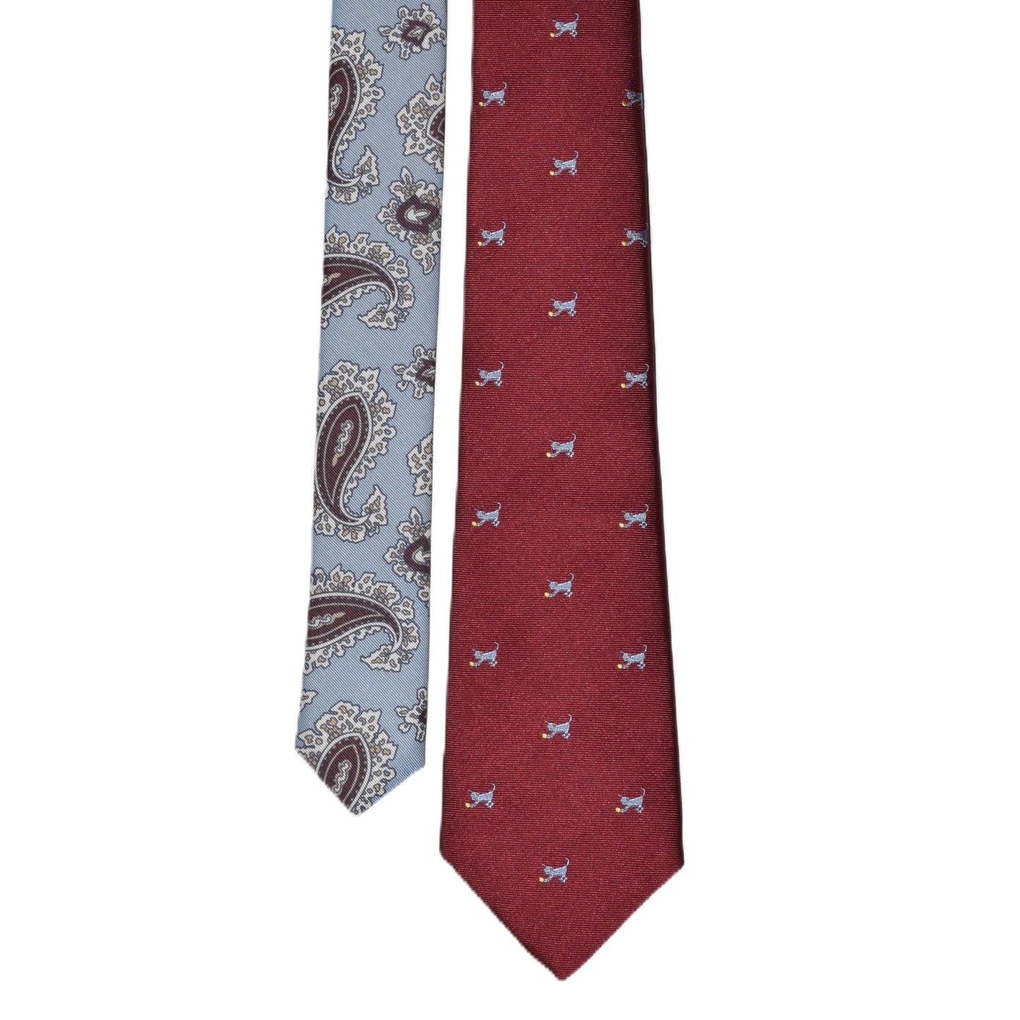 2 in 1 Burgundy necktie with light blue cats and Light blue with brown paisley