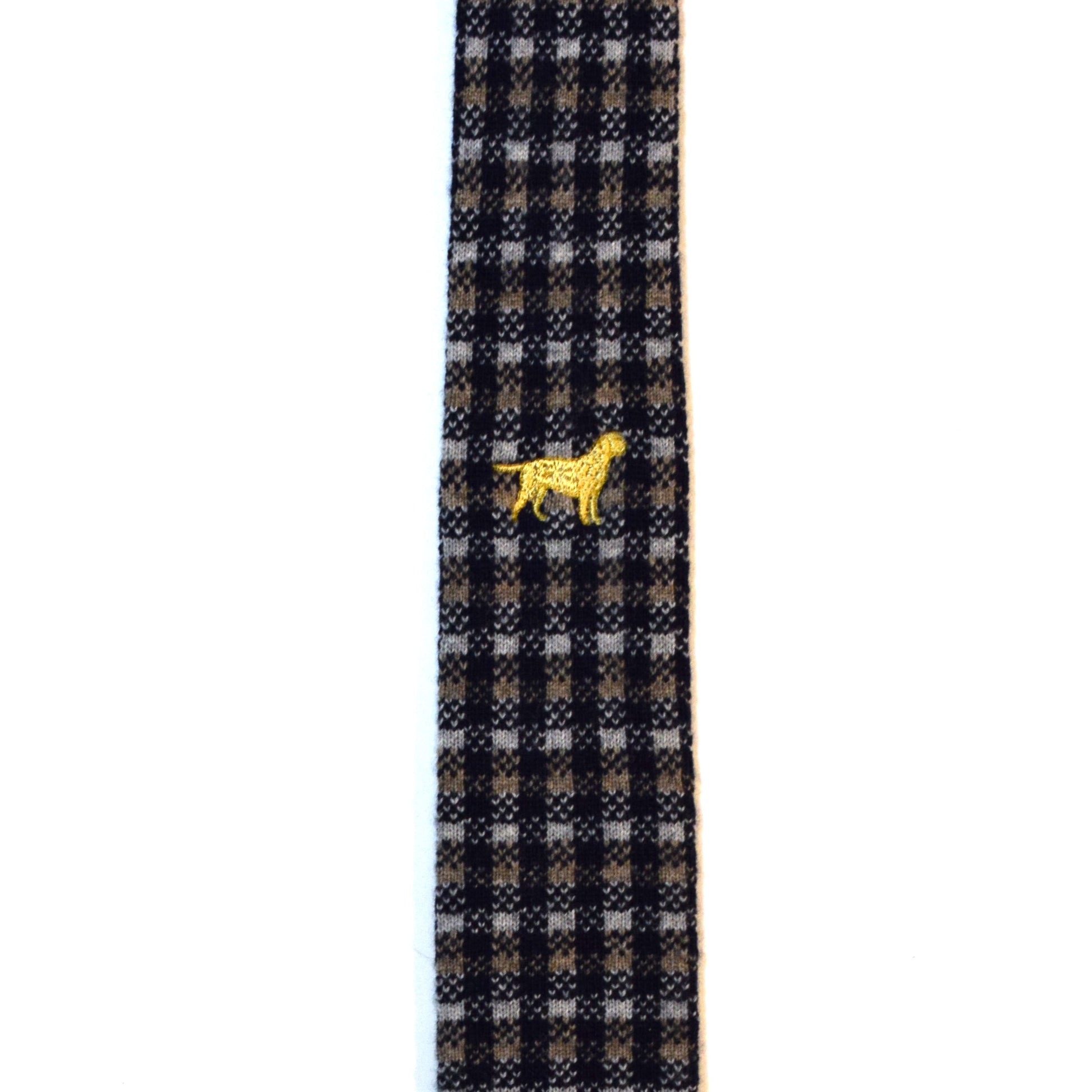 Blue and brown plaid necktie with dog (straight bottom)