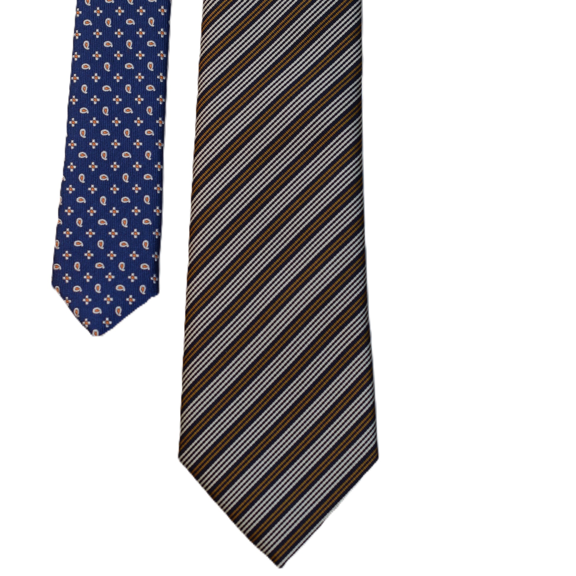 Brown with yellow/blue squares and Burnt orange with blue stripes