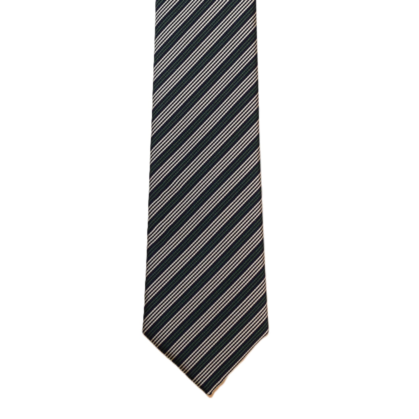 Blue necktie with tan and green stripes