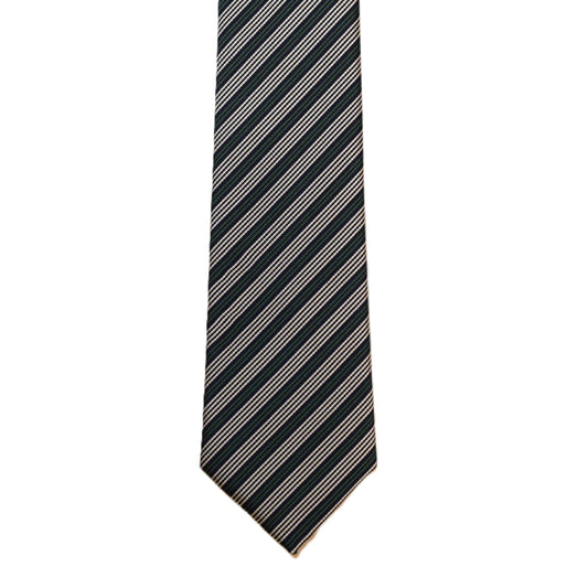 Blue necktie with tan and green stripes