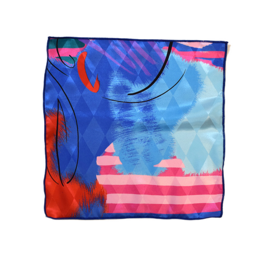 Blue pocket square with pink horizontal stripes