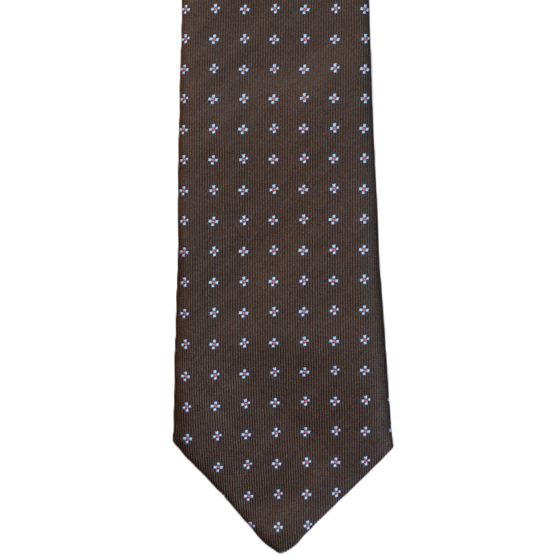 Brown necktie with light blue design and red dots
