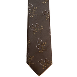 Brown necktie with tan/black leaves (narrow)