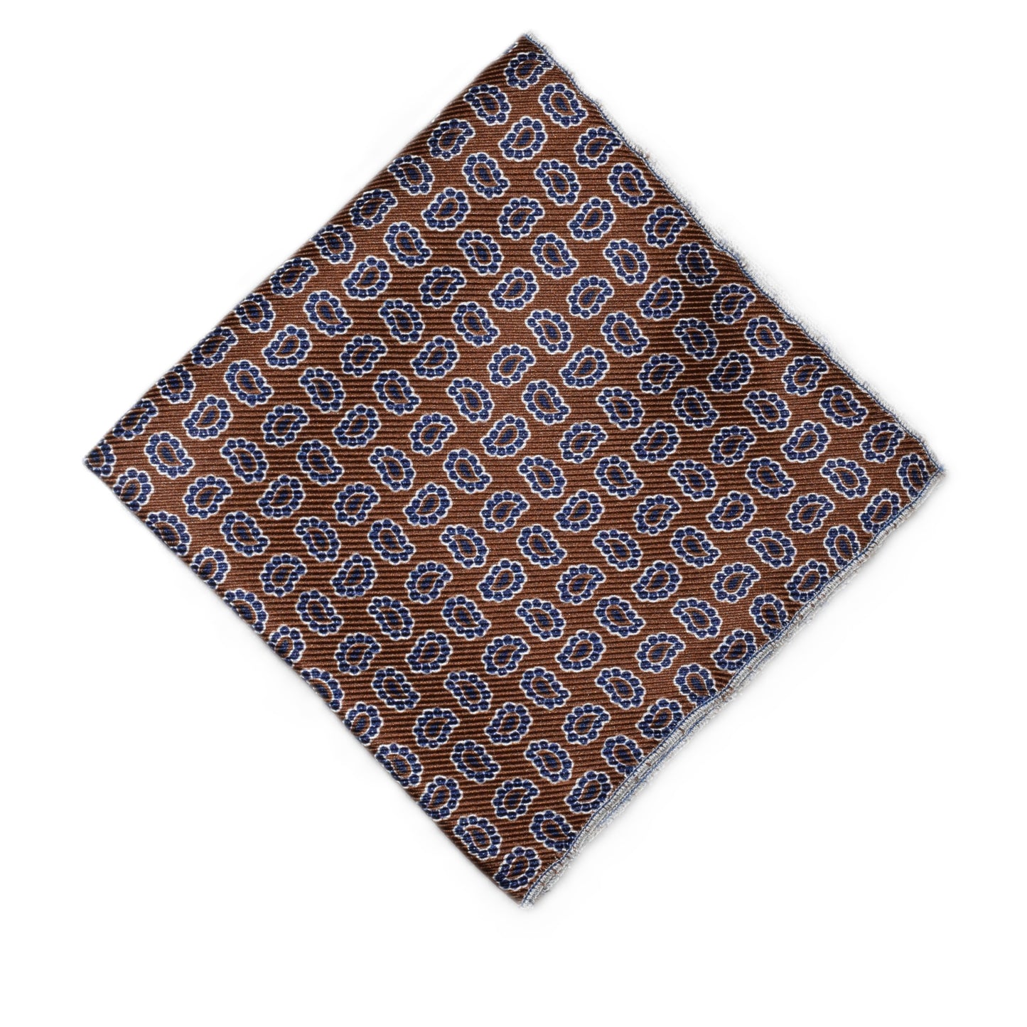 Brown pocket square with blue paisley