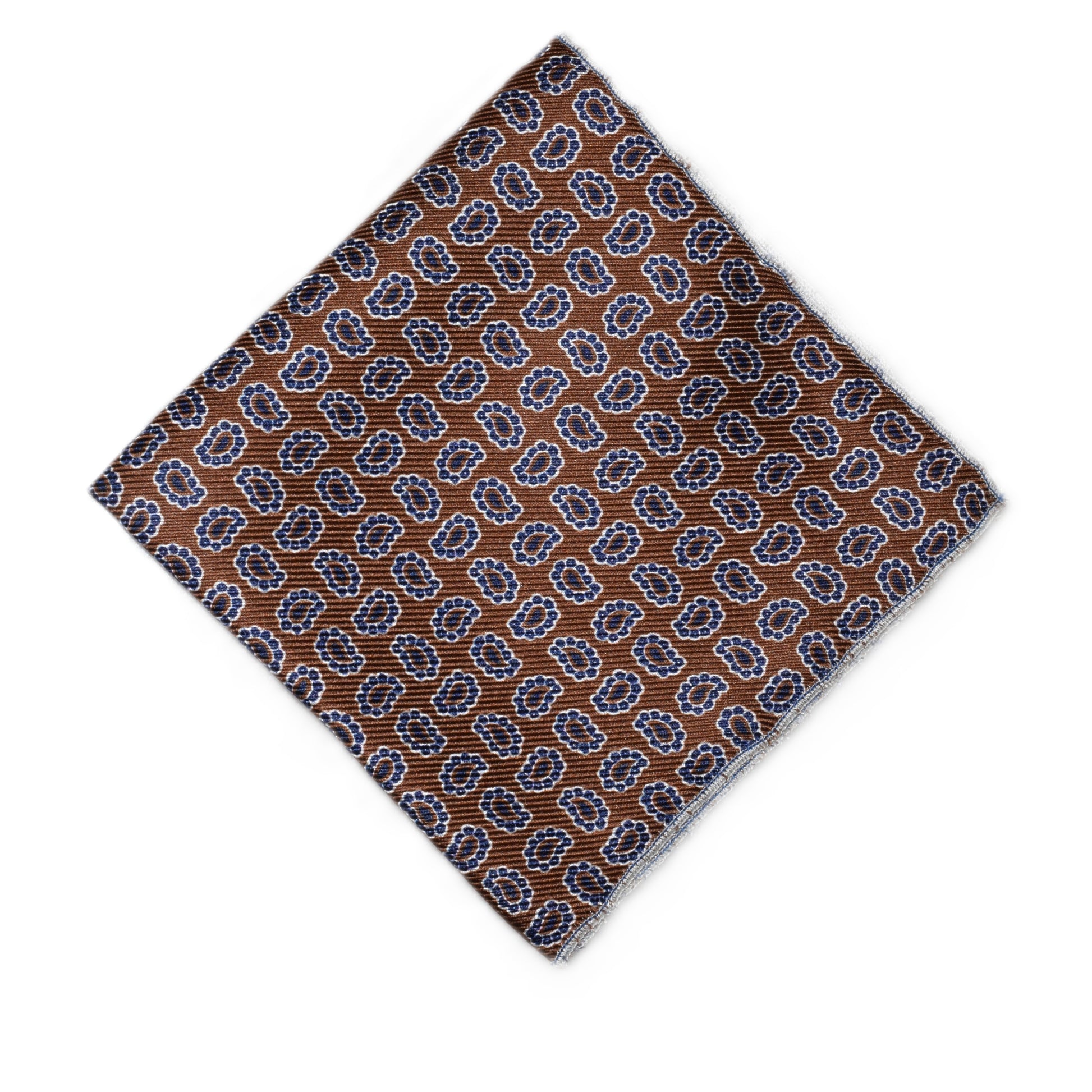 Brown pocket square with blue paisley
