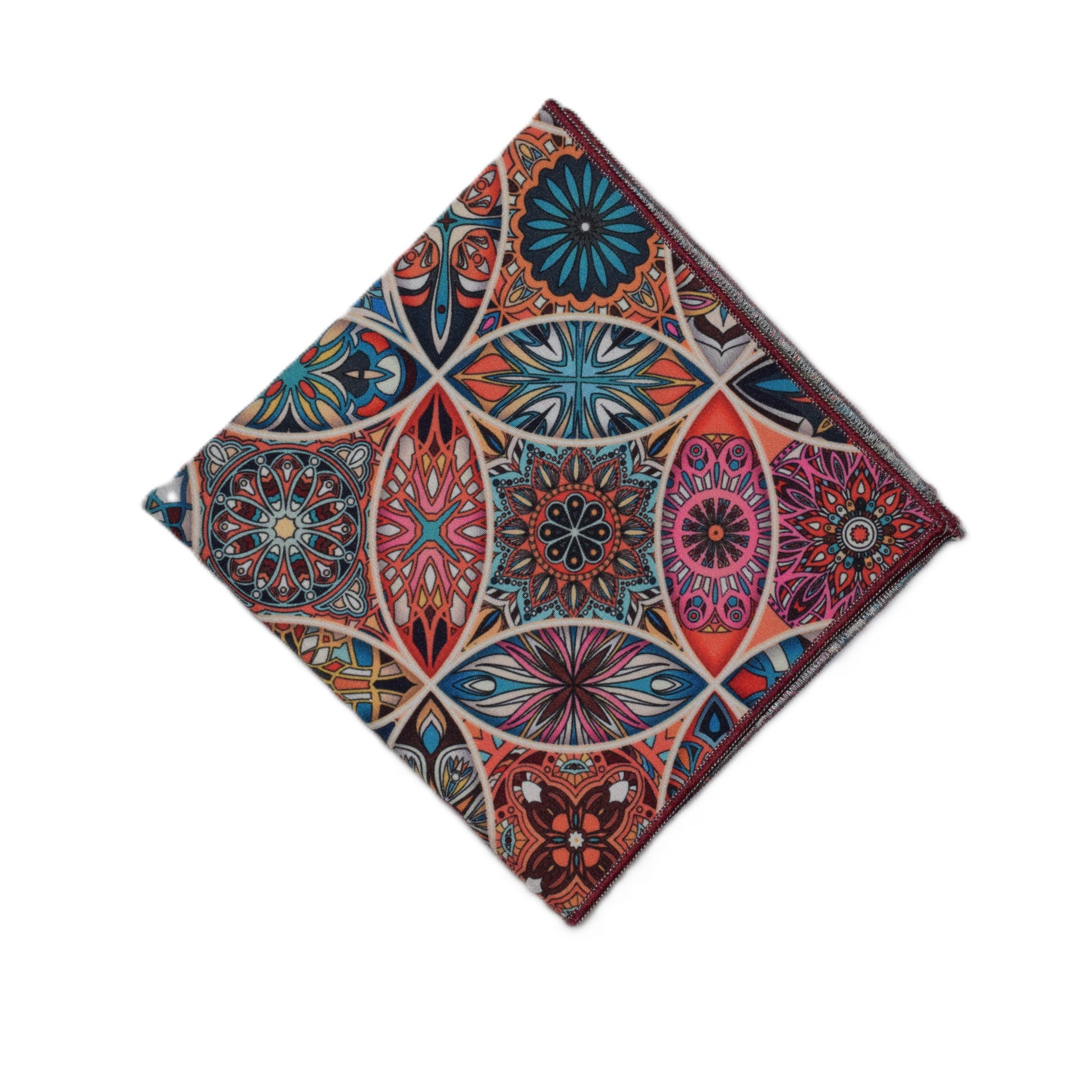 Burgundy multi color pocket square and grey 