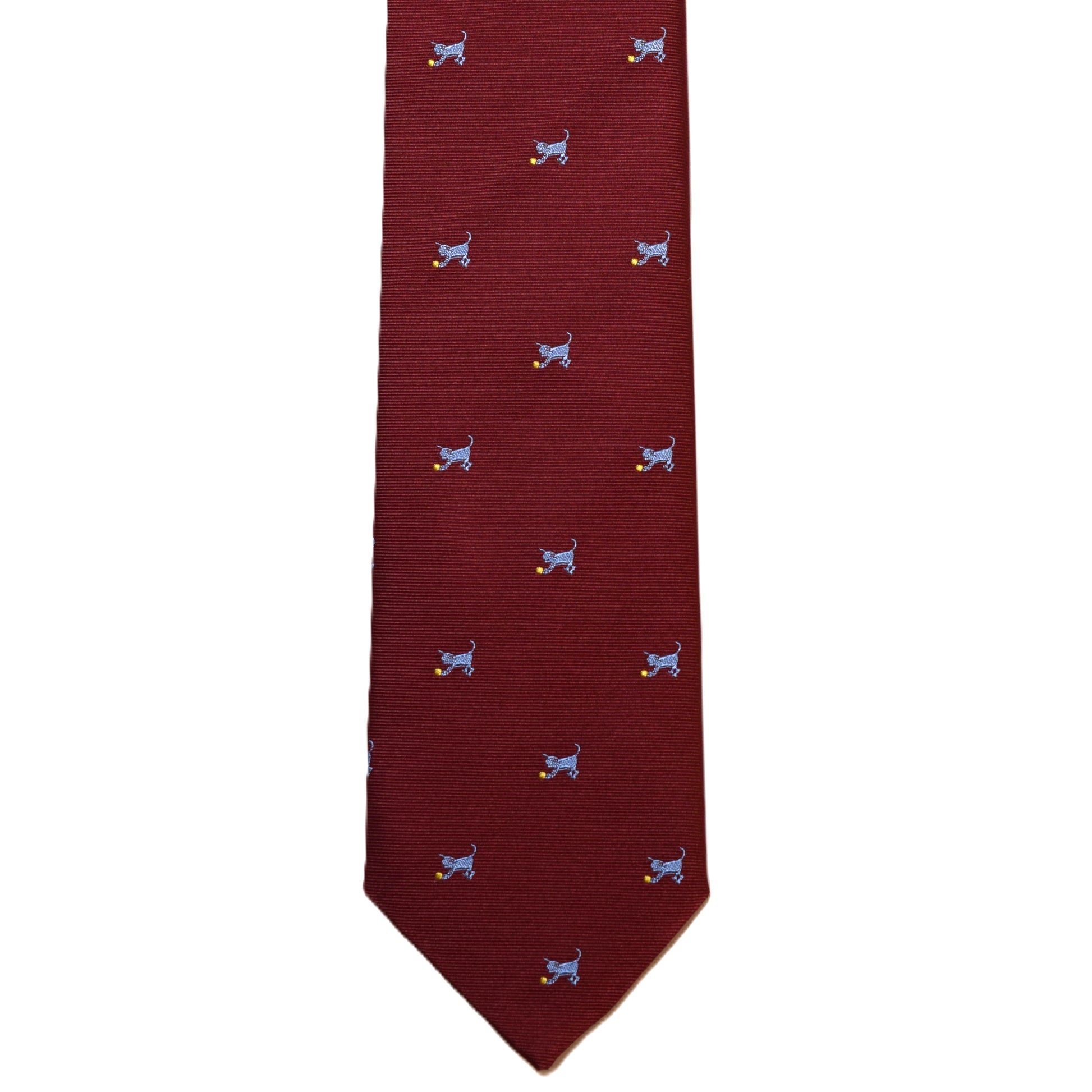 Burgundy necktie with light blue cats