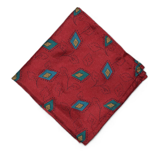 Dark red pocket square with blue green diamond flowers