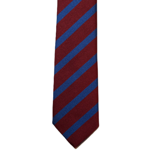 Dark red neck tie with royal blue stripes