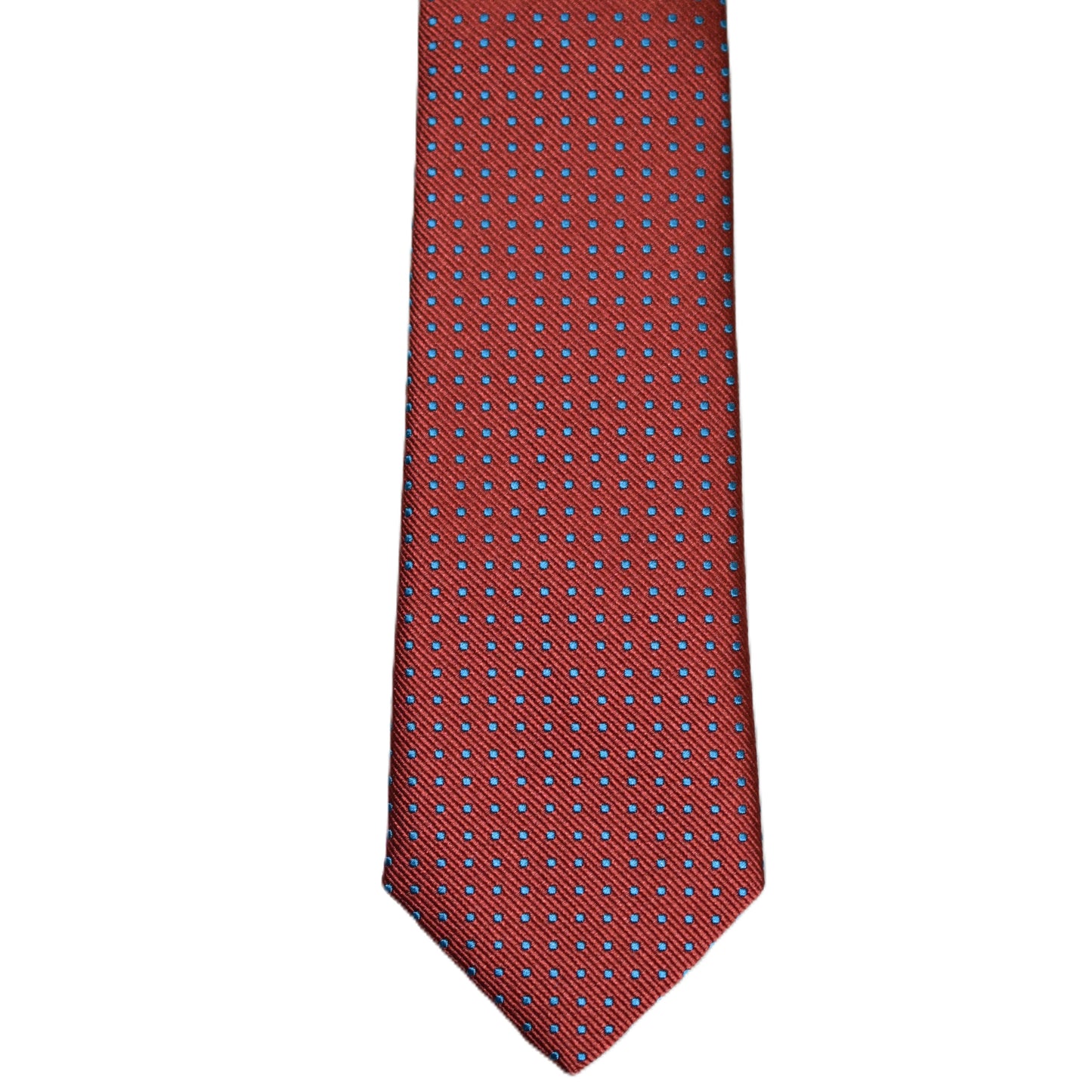 Deep red necktie with light blue polka dots