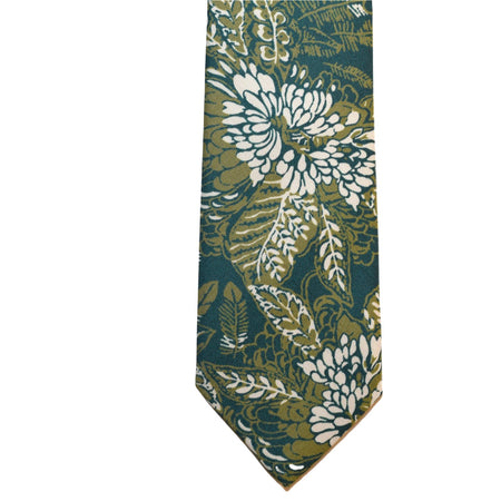 Green necktie with green and white big flowers