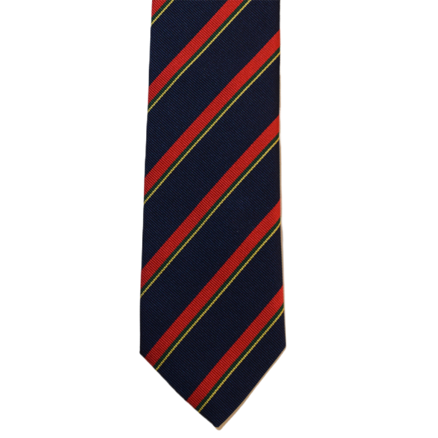 Navy necktie with red, green, gold stripes