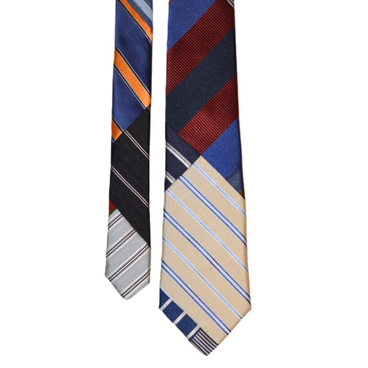 Patchwork necktie tan with white blue stripes