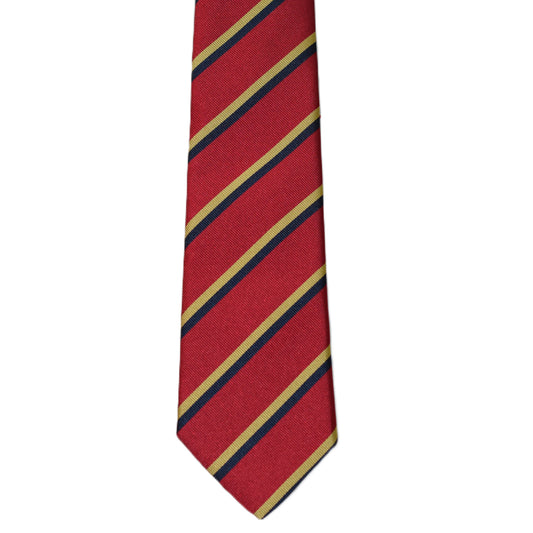 Red necktie with yellow and blue stripes