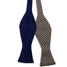 White bowtie with brown geometric design and Blue