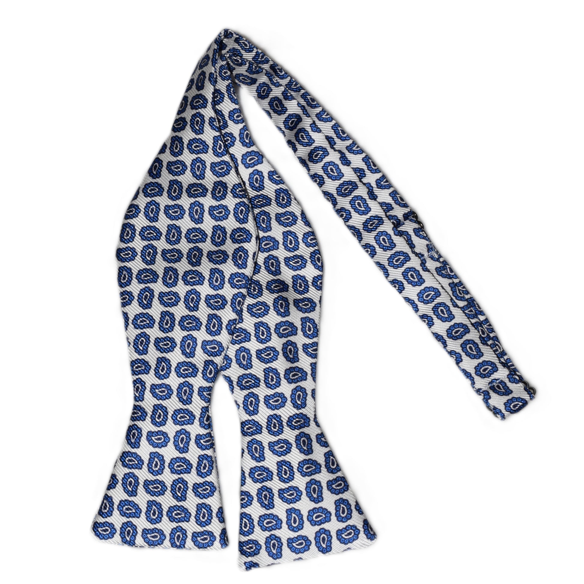 White bowtie with blue paisley
