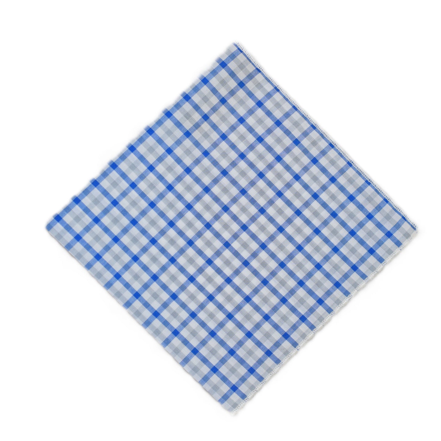 White pocket square with blue grey plaid