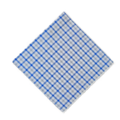 White pocket square with blue grey plaid
