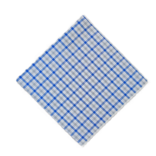 White pocket square with blue grey plaid