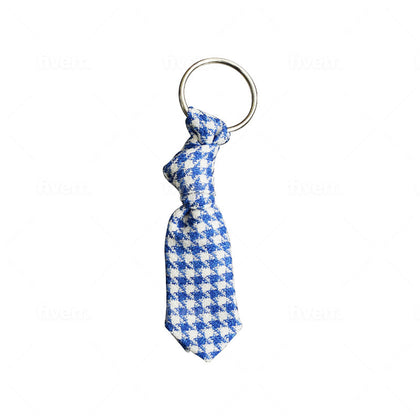 Blue and white herringbone mini necktie key chain
