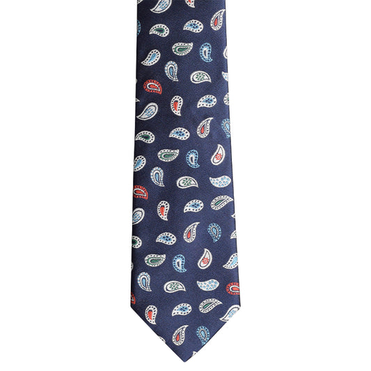 Dark blue necktie with colorful paisley