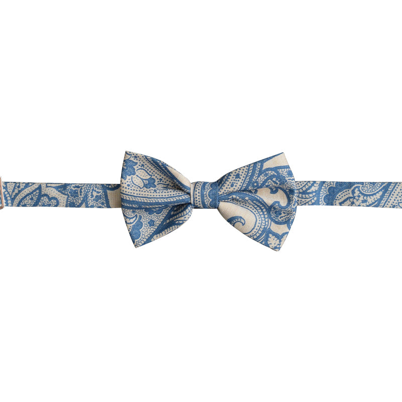 Tan bowtie with blue paisley