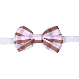 White bowtie with brown and pink plaid