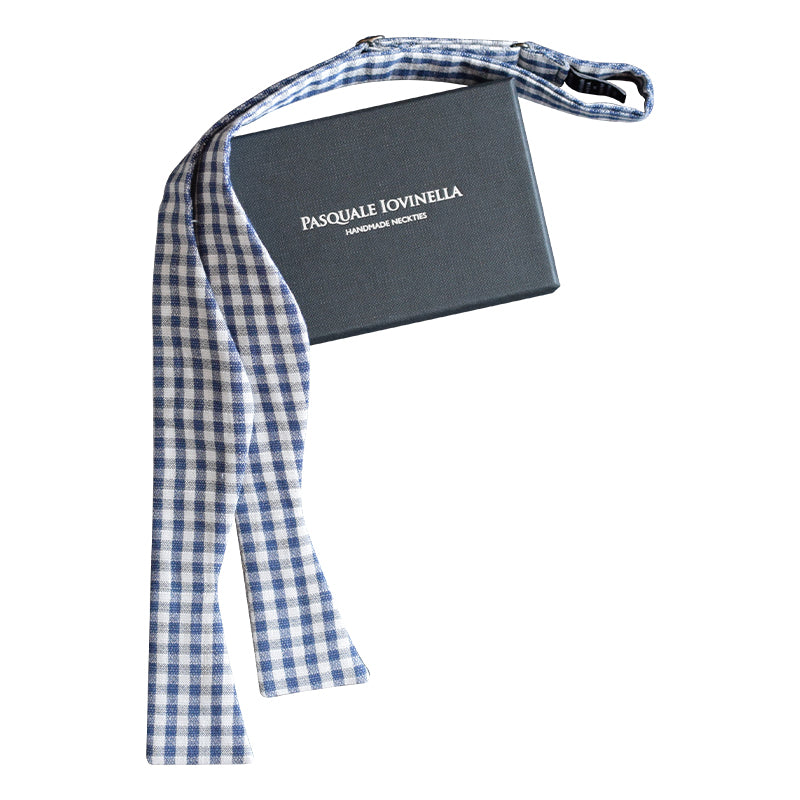 Blue and white checked handmade self-tie bowtie