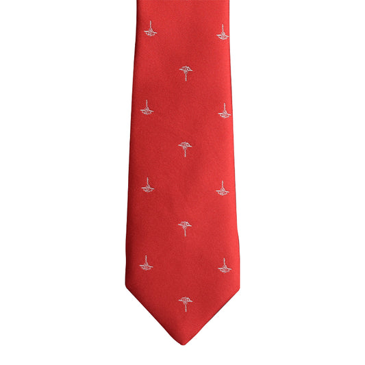 Red necktie with silver flower