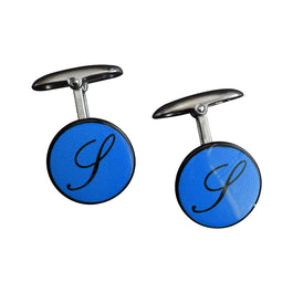 Round cufflink with blue enamel center with design