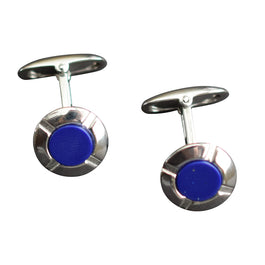 Round cufflink with blue enamel center