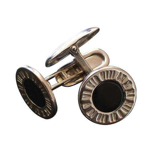 Round sterling silver with Onyx center and Roman numerals cufflink